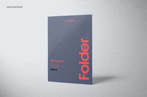 Front view of a two-pocket folder mockup with a matte gray cover and bold red text, standing on a light background.