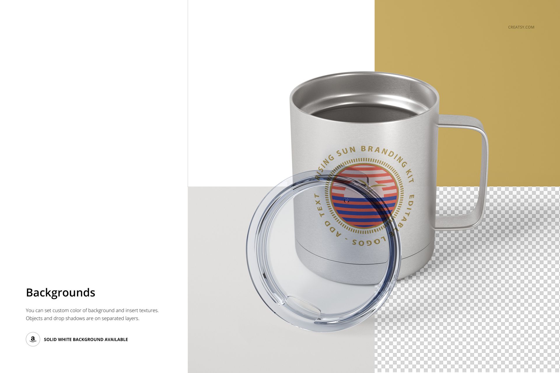 Front view of a 10oz white stainless steel coffee cup with silver interior and clear plastic lid, set against a split beige and transparent background.