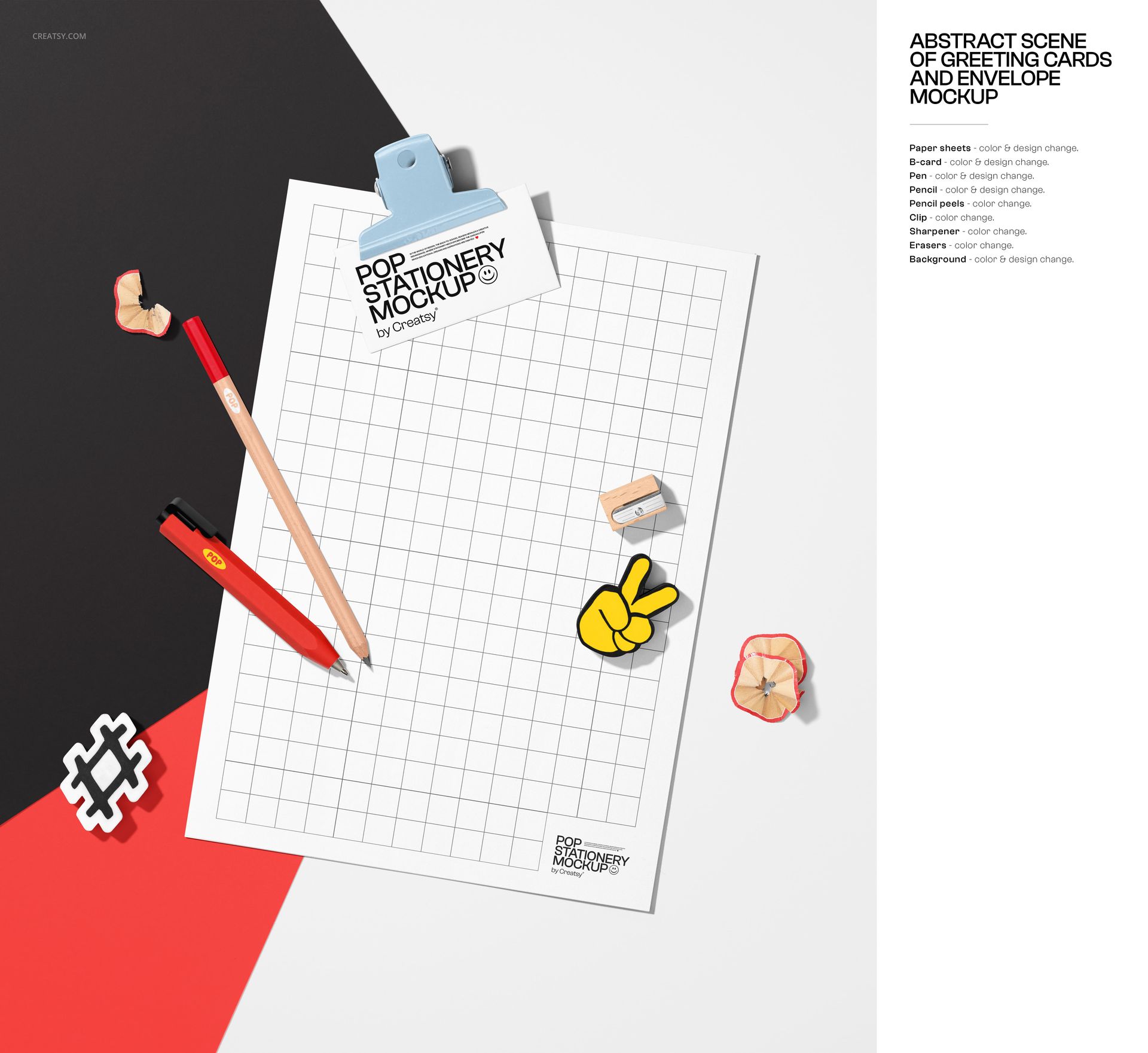 Stationery mockup featuring a sheet of graph paper with pencils, novelty erasers, and paper clips on a red and black background.