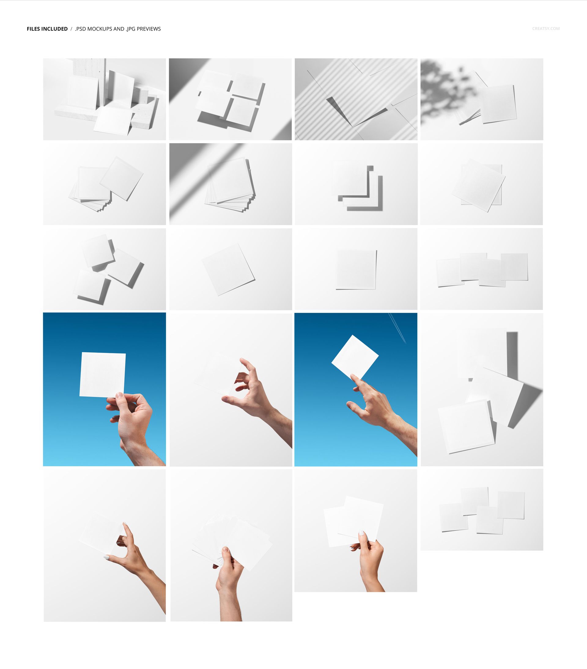 Set of square photo prints mockups shown in various arrangements, with white backgrounds and hand-held views.