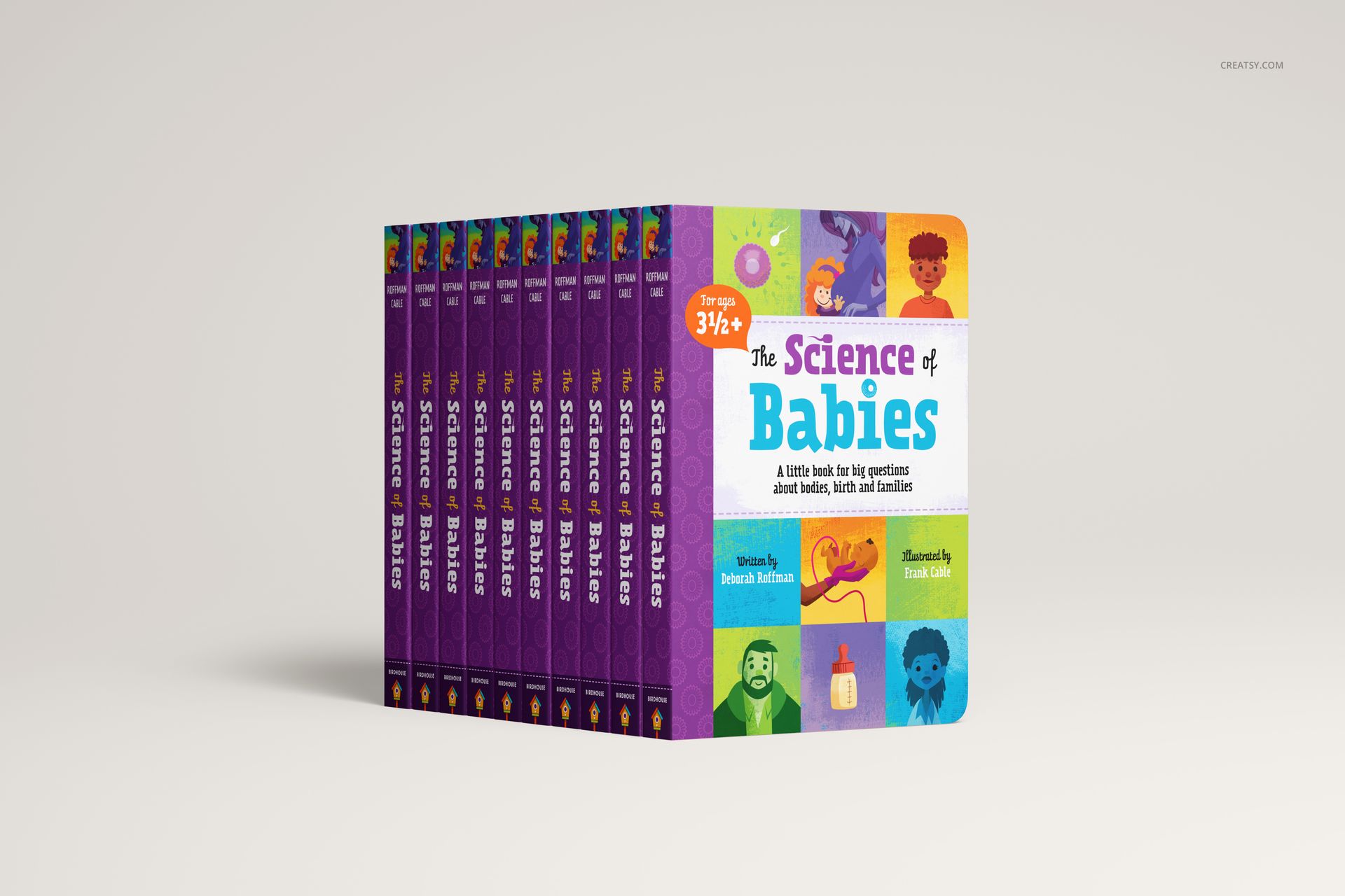 Board book mockup set featuring multiple books with vibrant covers and bold purple spines displayed on a neutral background.