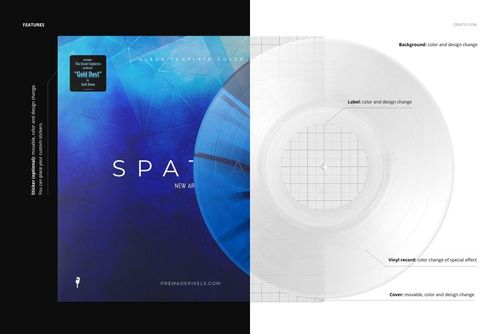 Front view of a marbled effect vinyl record and cover mockup, featuring a blue album cover and translucent record.