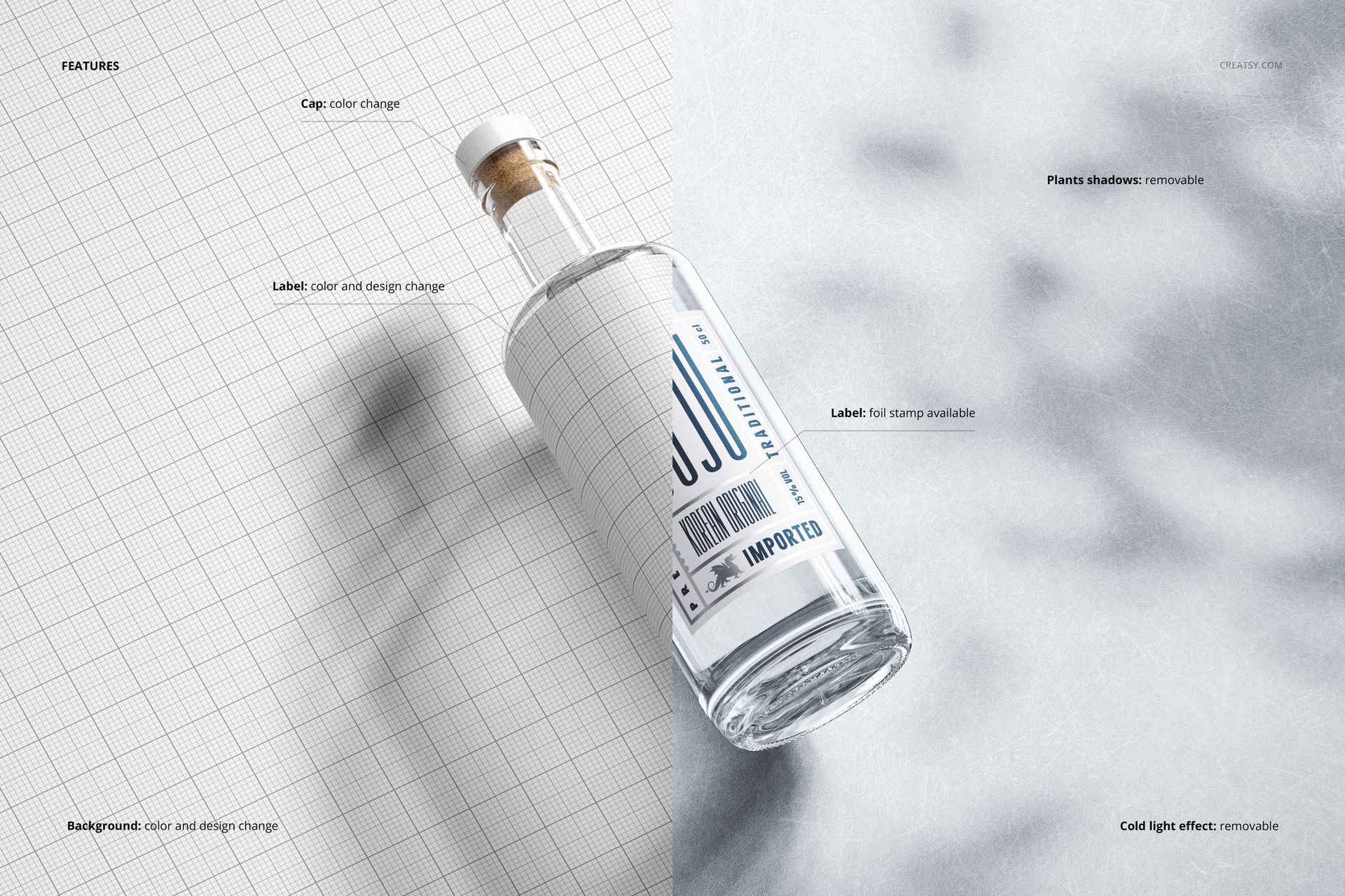 Classic corked glass bottle mockup shown at an angle on a split background, featuring a customizable label and cork.