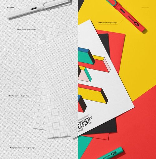 Abstract scene featuring greeting cards and envelope mockup, split between grid paper and colorful geometric designs.