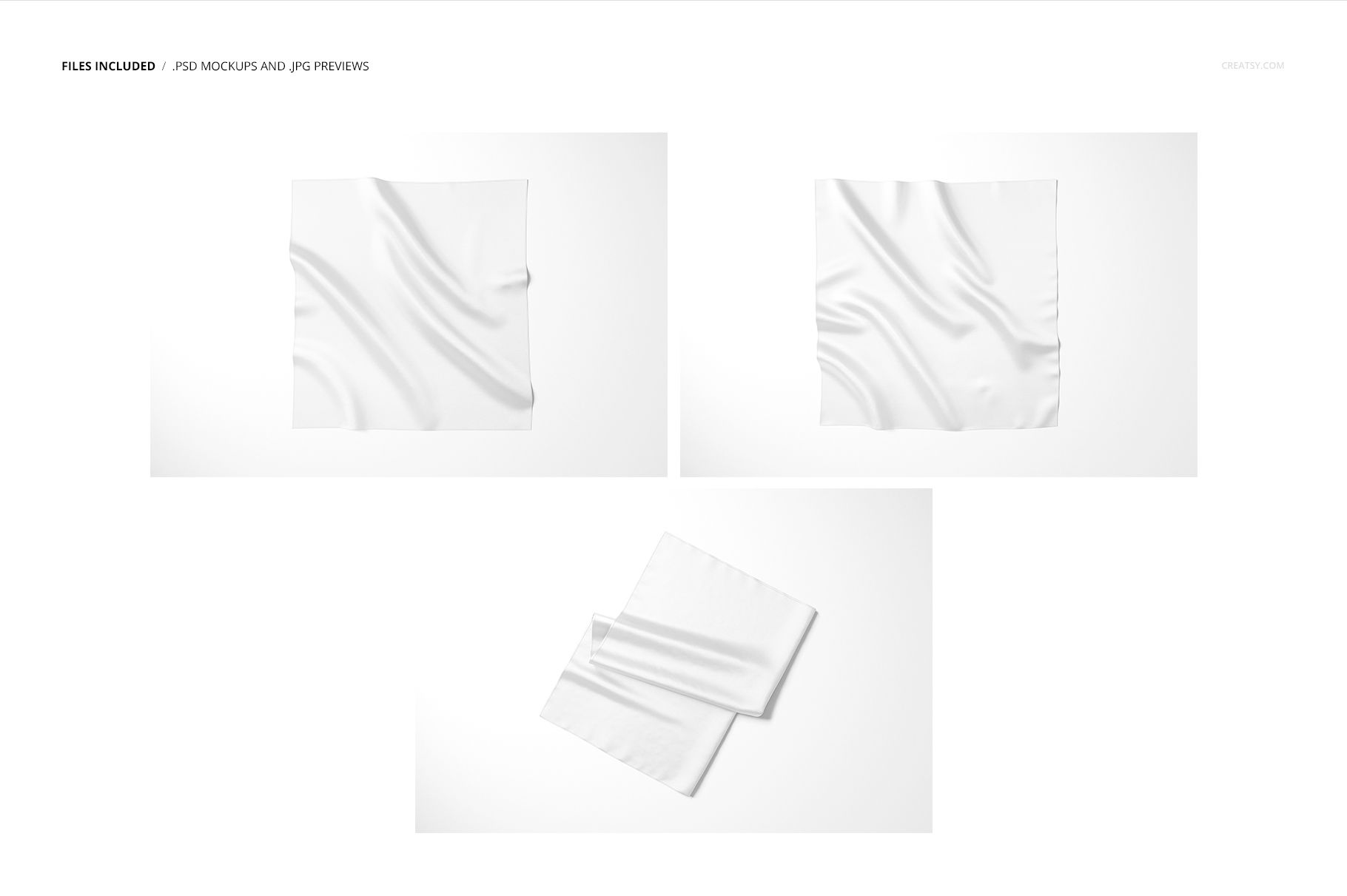 White satin scarf mockup set featuring single and overlapping scarves, viewed from above on a light background.