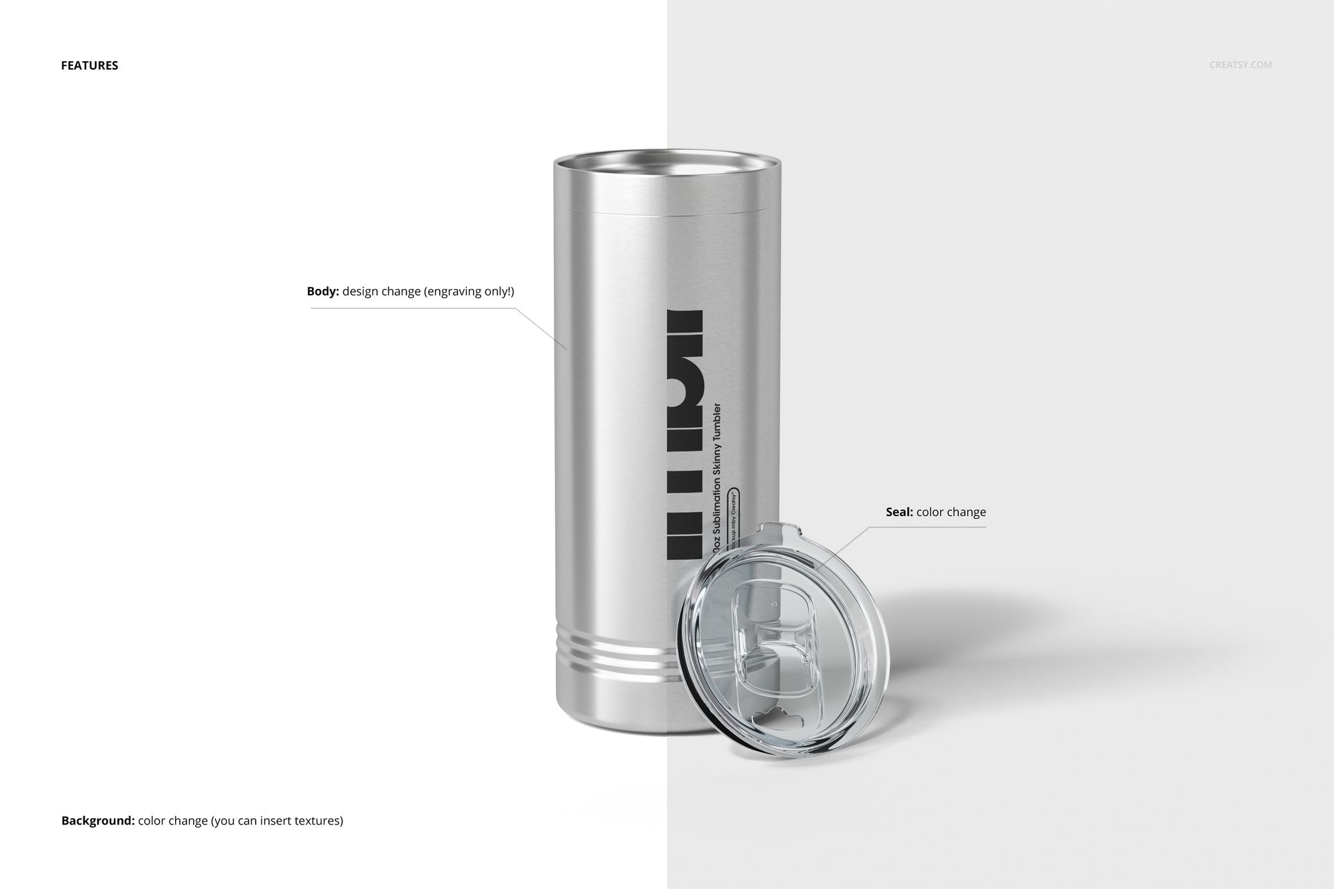 22oz stainless steel tumbler mockup with engraving design and transparent lid, shown on a plain backdrop.