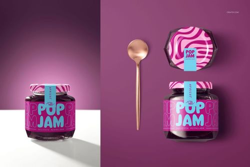 Jam jar mockup featuring a bold pink patterned label, shown with a gold spoon against a purple backdrop.