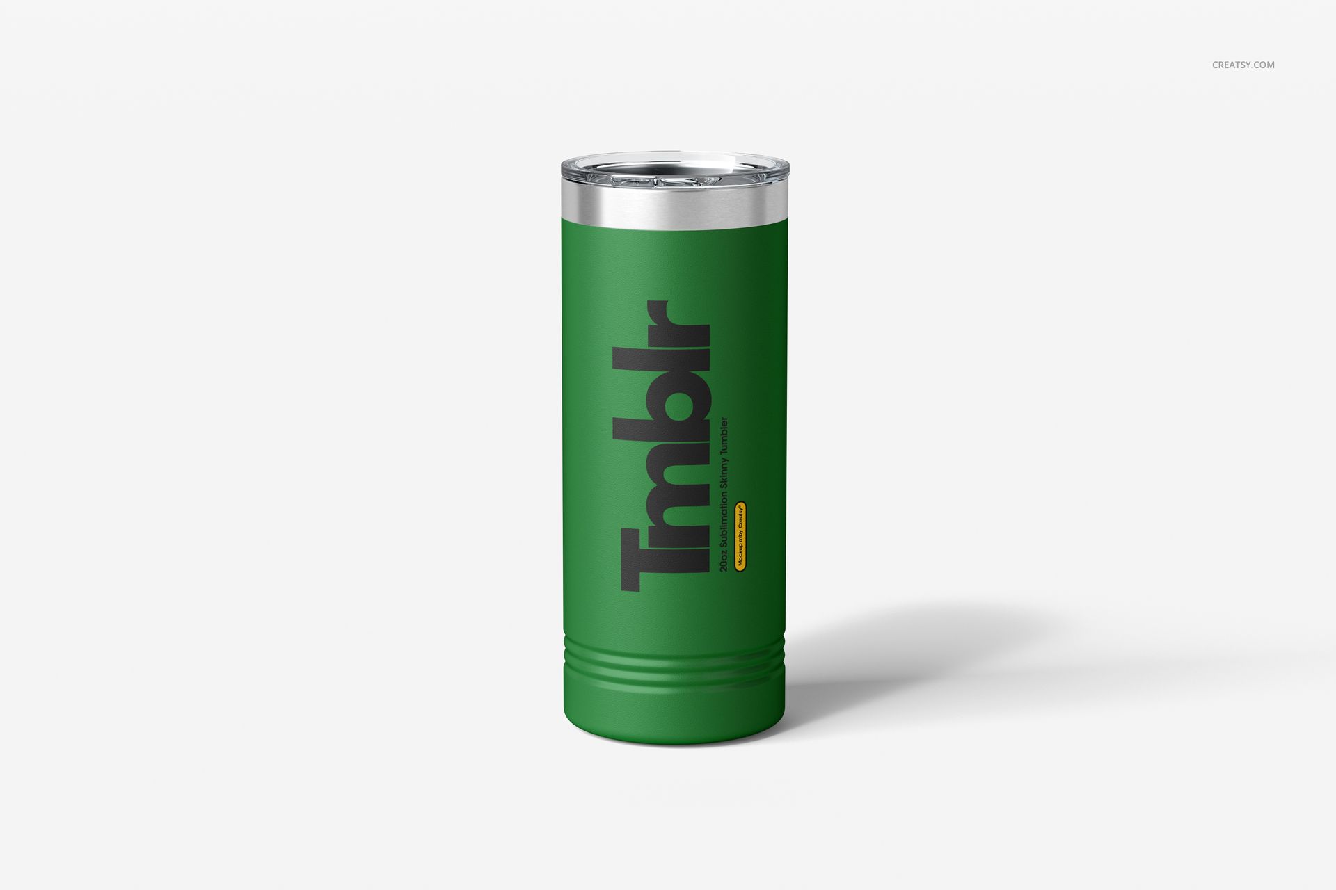 22oz skinny tumbler mockup in green with metallic lid, powder coated surface, and large black lettering, front perspective.