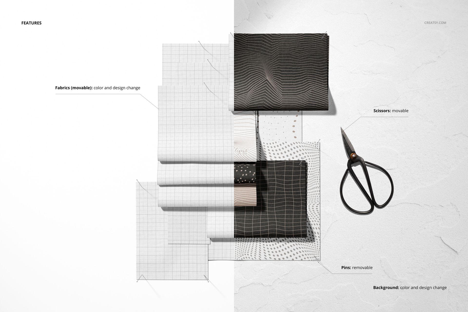 Fabric mockup set showing folded cotton and linen swatches, grid overlays, and movable scissors on a minimalist surface.