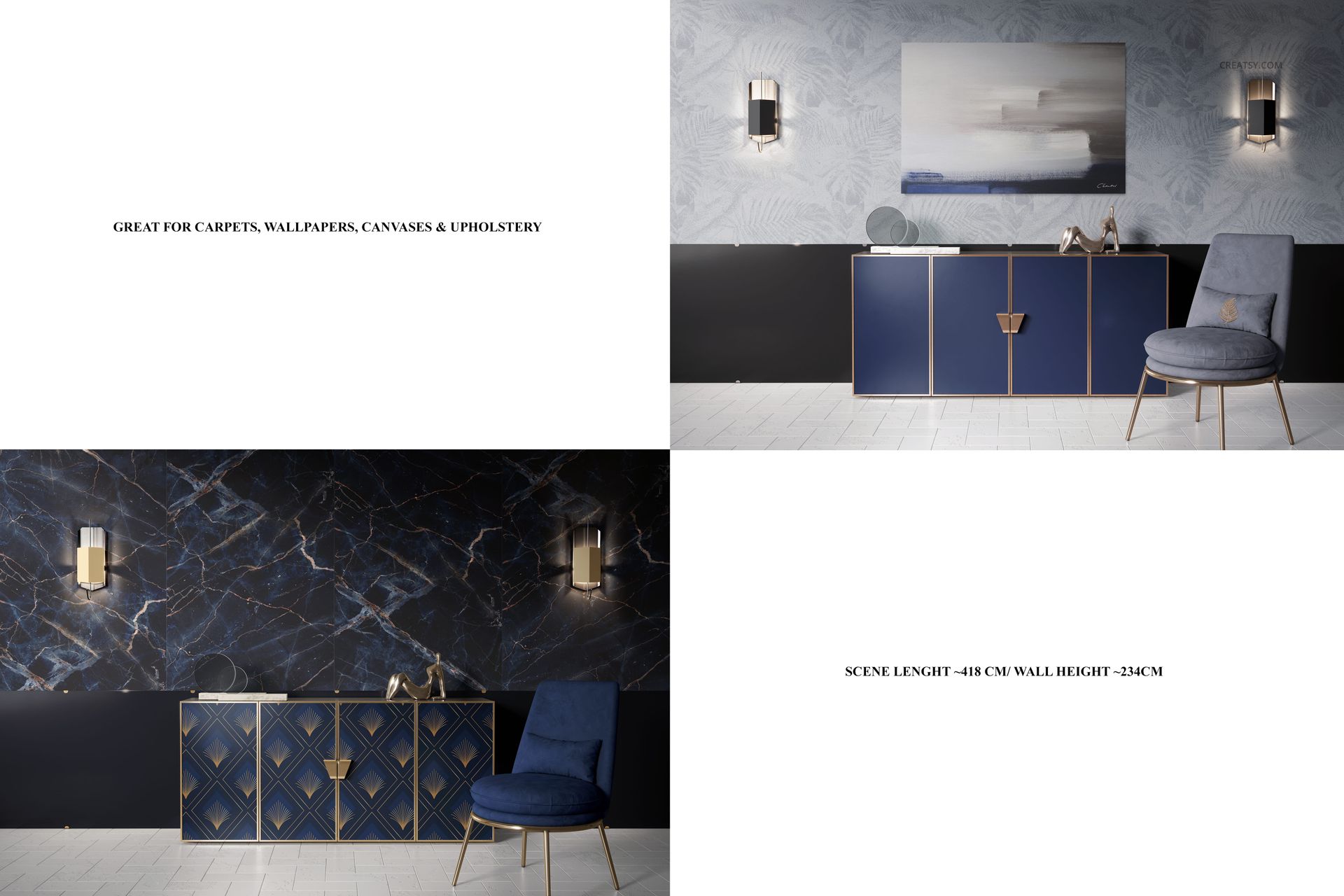 Modern luxury room with blue chair, wall art canvas, and gold-accented cabinets, shown in a front view mockup.