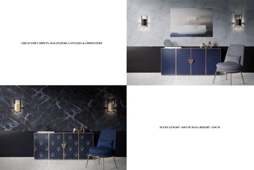 Modern luxury room with blue chair, wall art canvas, and gold-accented cabinets, shown in a front view mockup.