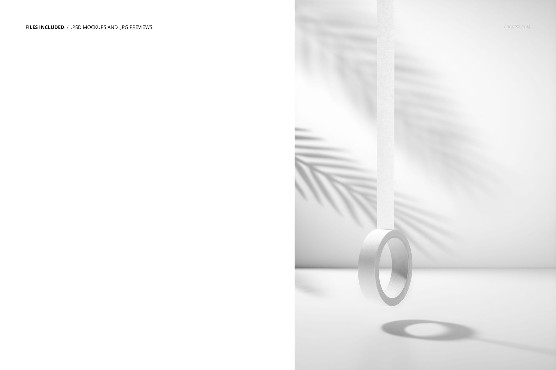Minimalist scene showing a hanging packaging tape roll, white background, and faint plant shadow for mockup presentation.