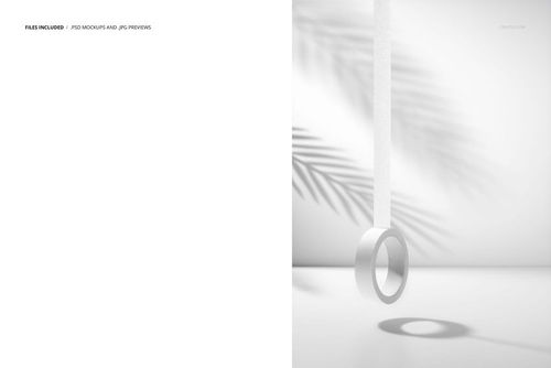 Minimalist scene showing a hanging packaging tape roll, white background, and faint plant shadow for mockup presentation.