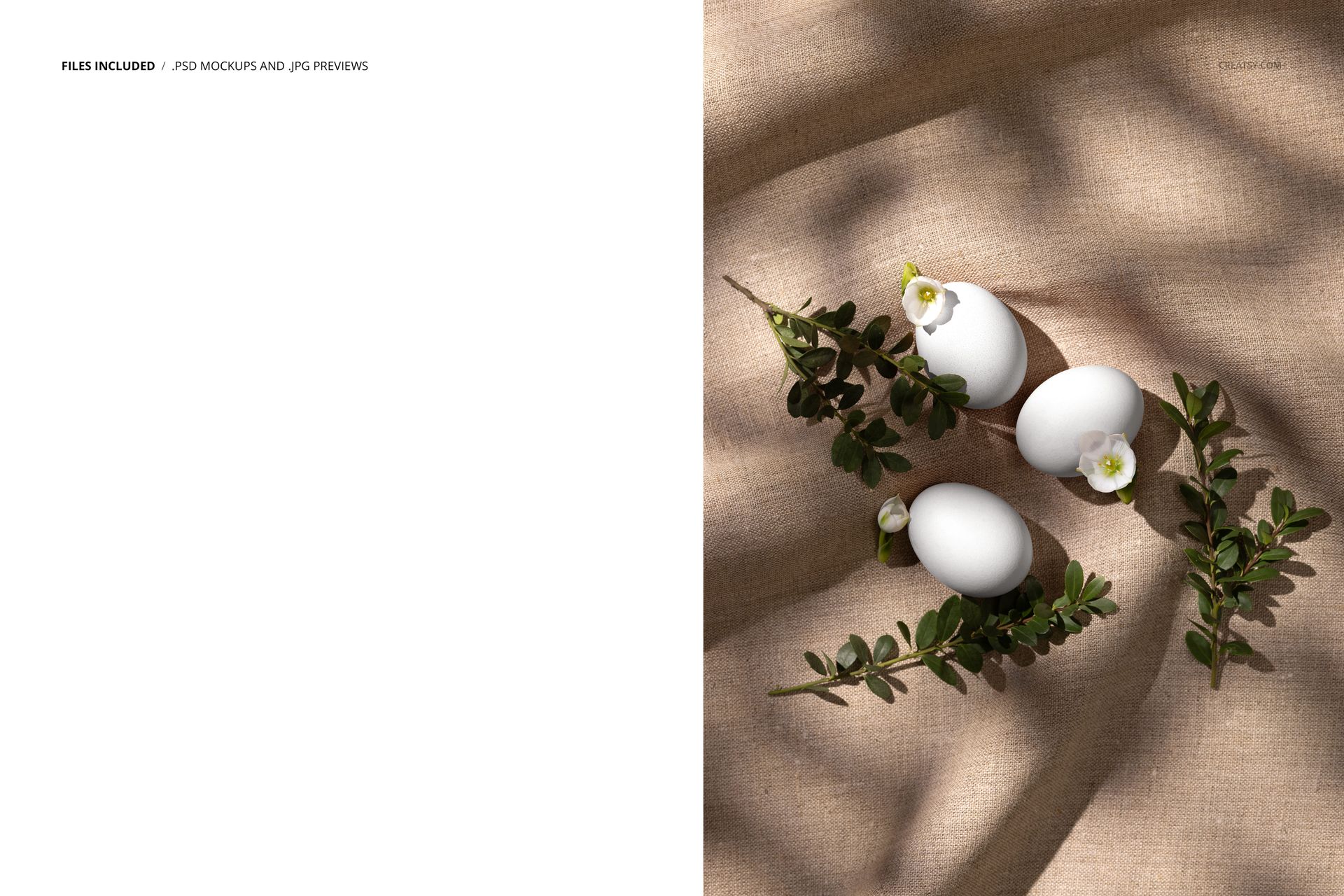 Traditional Easter eggs mockup featuring three plain eggs on beige linen, accented by green boxwood and white blossoms.