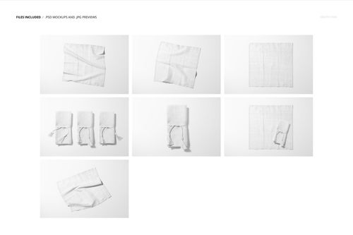Cotton linen napkin mockup set displayed in six layouts, featuring different angles and folding styles on white.