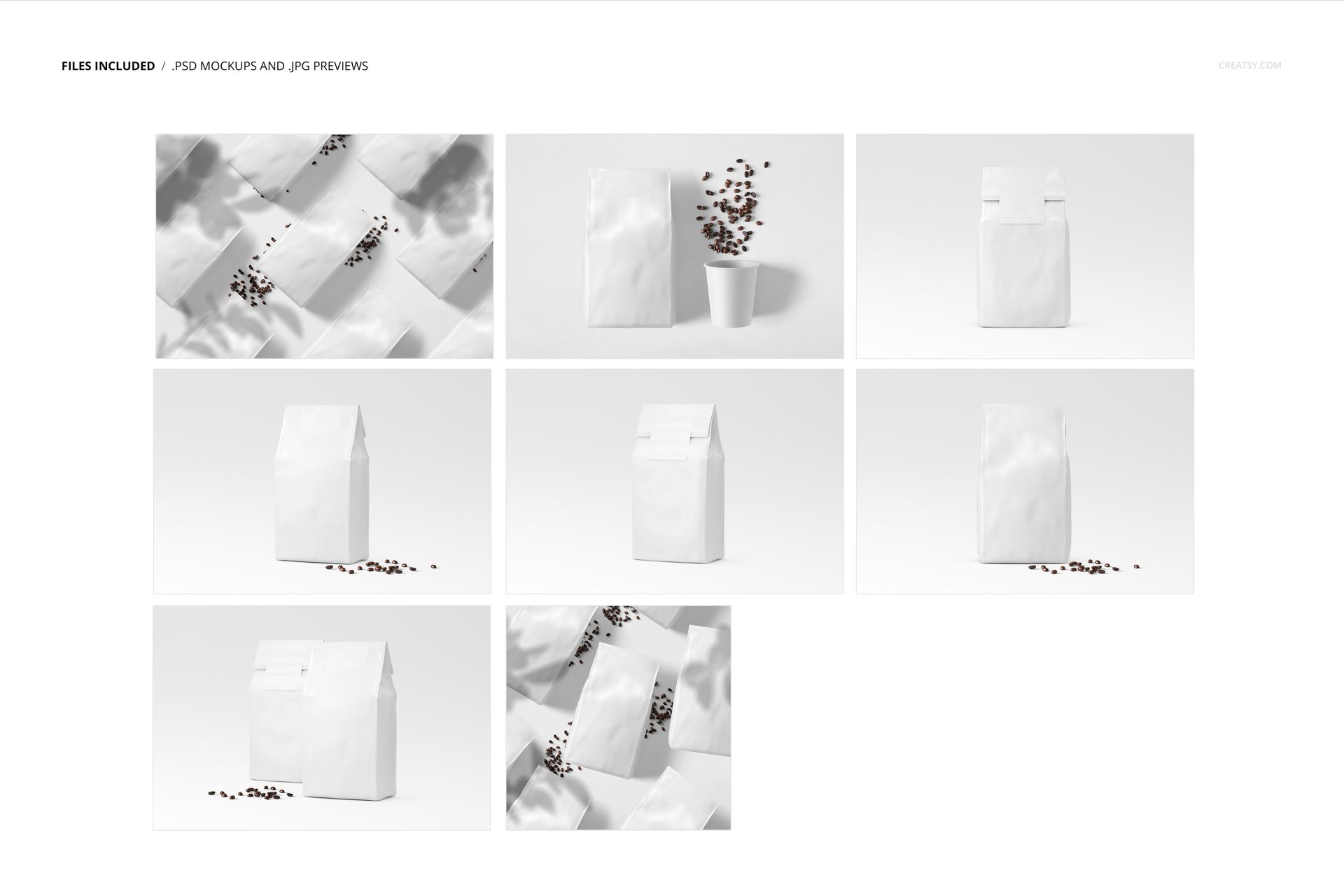 Paper coffee bag mockup set showing white bags from various angles, some with scattered coffee beans on a light background.