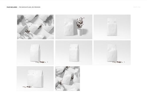 Paper coffee bag mockup set showing white bags from various angles, some with scattered coffee beans on a light background.