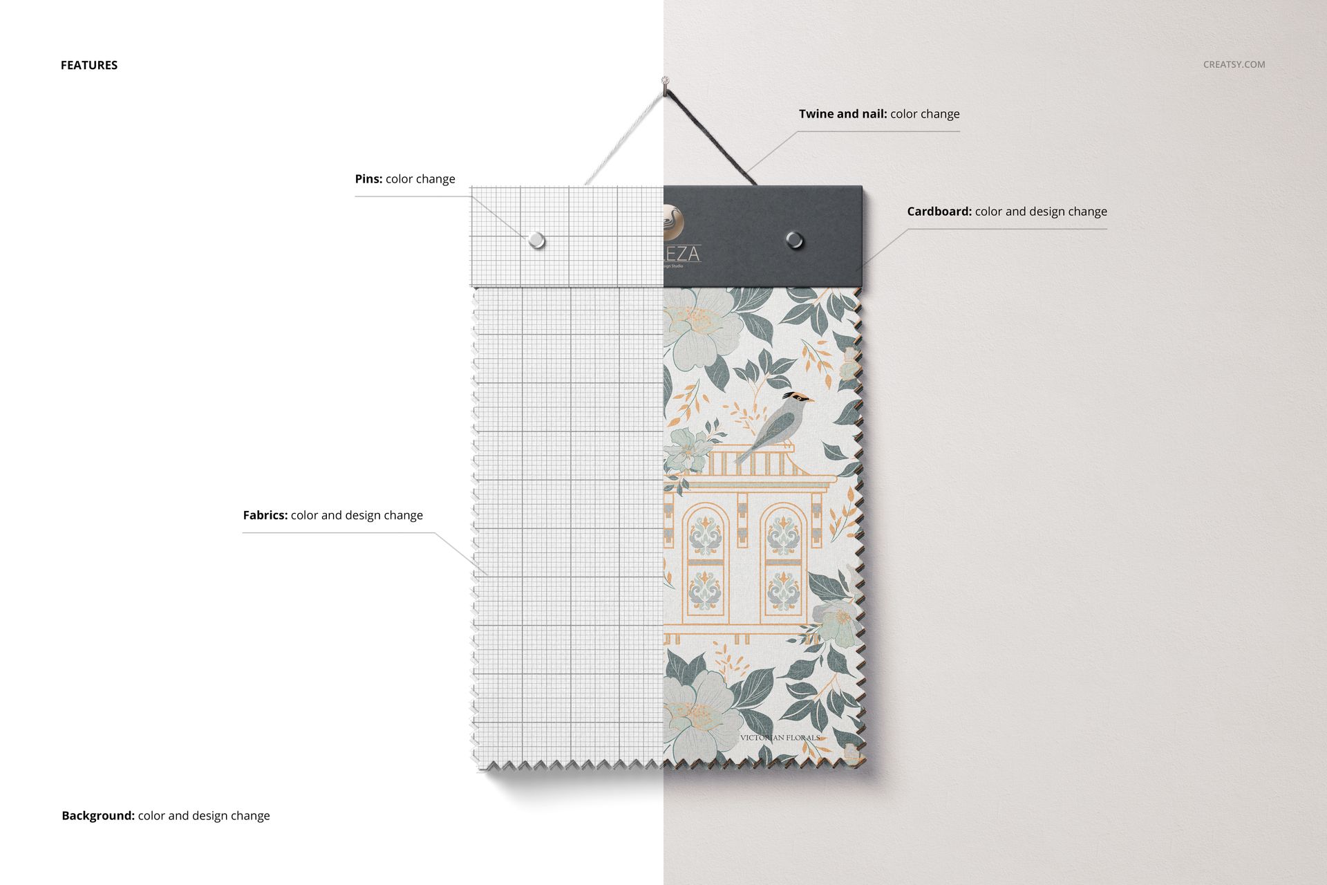 Fabric swatches mockup showing two fabric samples, one with a grid pattern and one with a floral design, hanging by twine on a split background.