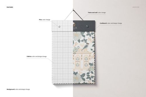 Fabric swatches mockup showing two fabric samples, one with a grid pattern and one with a floral design, hanging by twine on a split background.