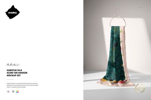 Mockup of a habotai silk scarf draped on a hanger, showing a mix of green and beige tones with floral accents.