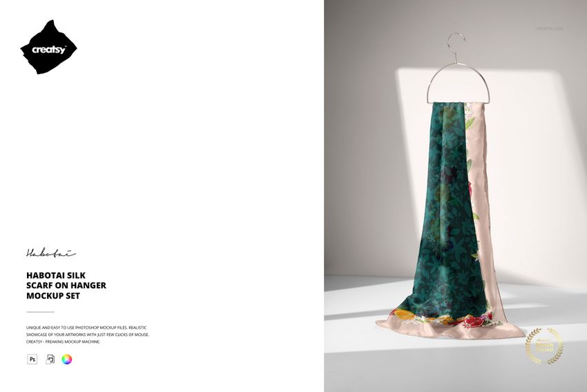 Mockup of a habotai silk scarf draped on a hanger, showing a mix of green and beige tones with floral accents.