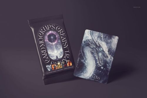 Trading card mockup featuring a sealed black pack with fantasy artwork and a single illustrated card showing a dragon.
