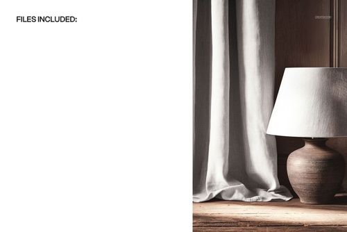 Front view of a wooden table with a ceramic lamp and light-colored curtain in a home interior scene mockup.