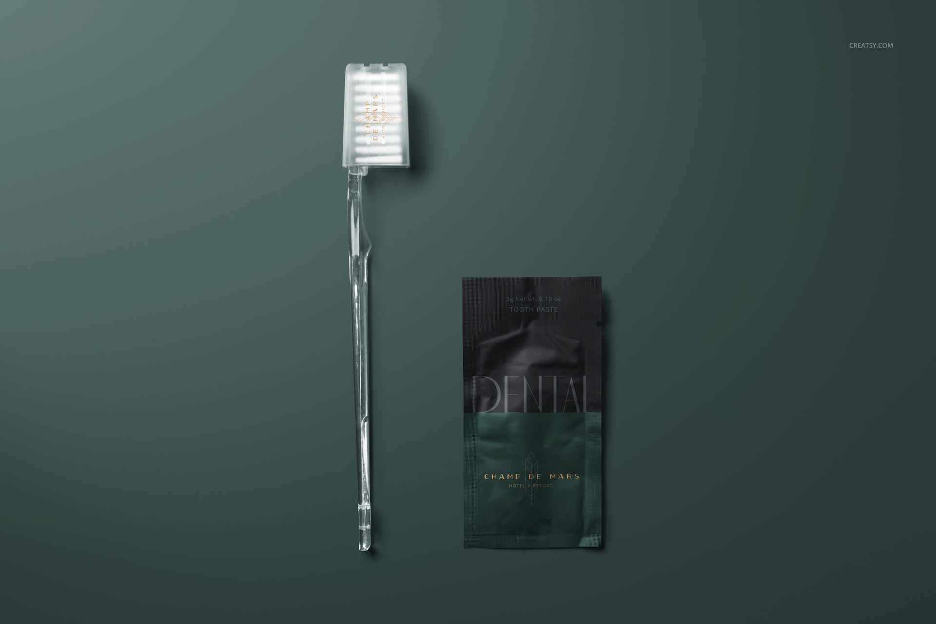 Hotel dental kit mockup featuring a transparent toothbrush and a compact toothpaste sachet, arranged side by side.