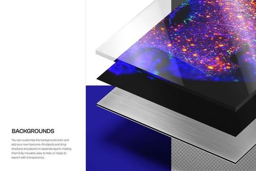 Layered mockup of alu-dibond with acrylic glass showing 2mm, 4mm, and 6mm options, viewed from an angled perspective.