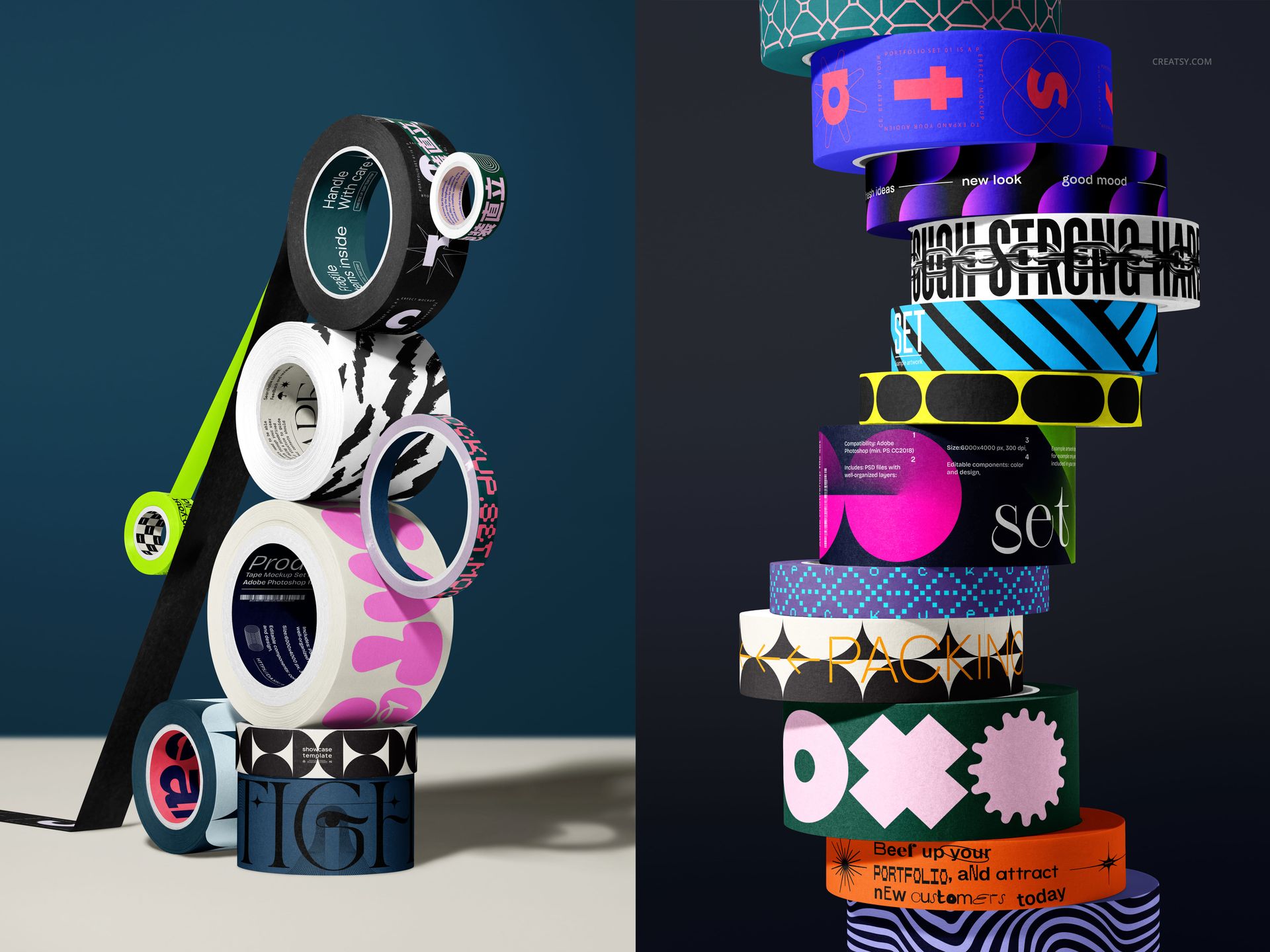 Stacked rolls of packaging tape in various colors and patterns, shown in a front view mockup scene with shadows.