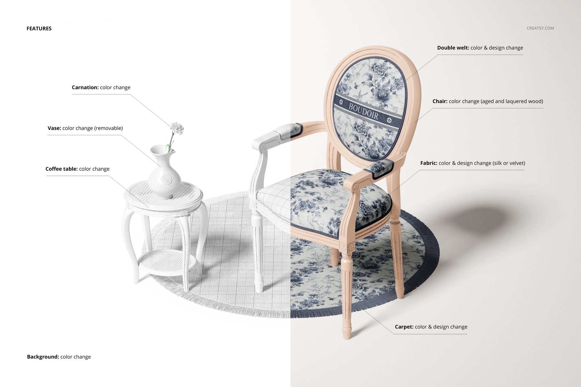 Front view of a classic armchair mockup featuring blue floral fabric, next to a small white table and vase on a patterned rug.