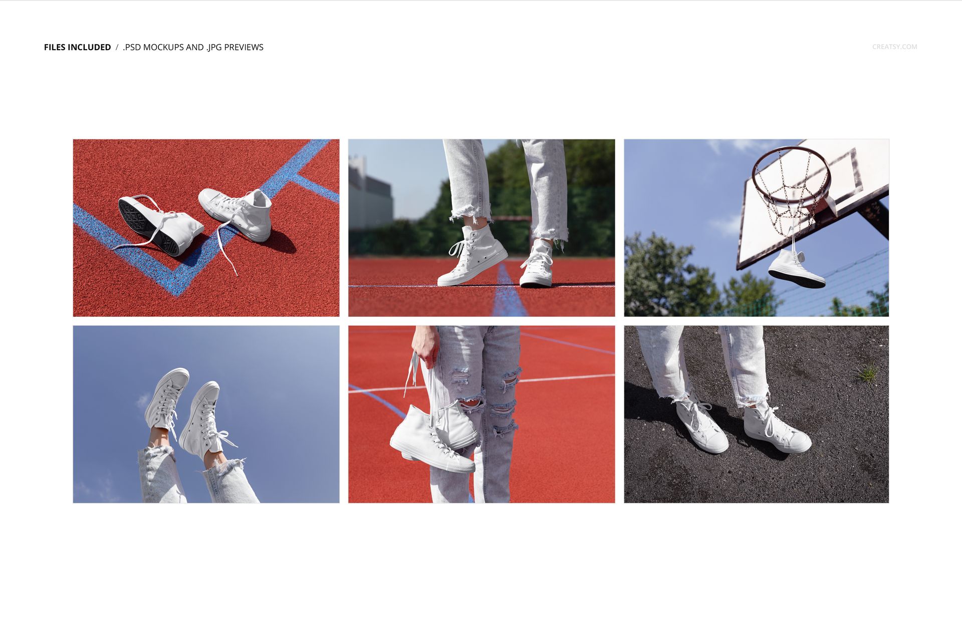 White sneakers mockup set shown in various outdoor scenes, including close-ups on red sports court and asphalt surfaces.