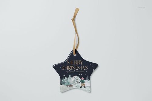 Star-shaped ceramic Christmas ornament mockup with dark background, festive illustration, and gold ribbon, front view.