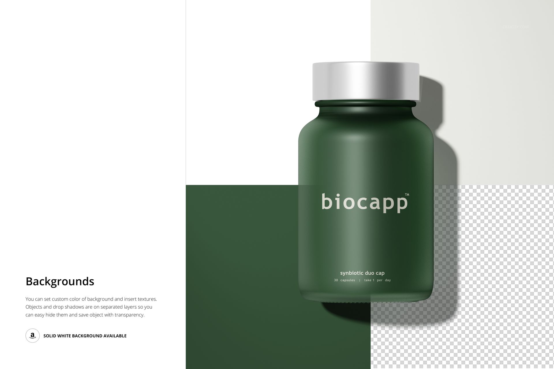 Green cosmetic capsule bottle with white label centered on a geometric split background, front view mockup.