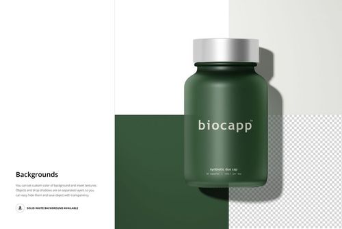 Green cosmetic capsule bottle with white label centered on a geometric split background, front view mockup.