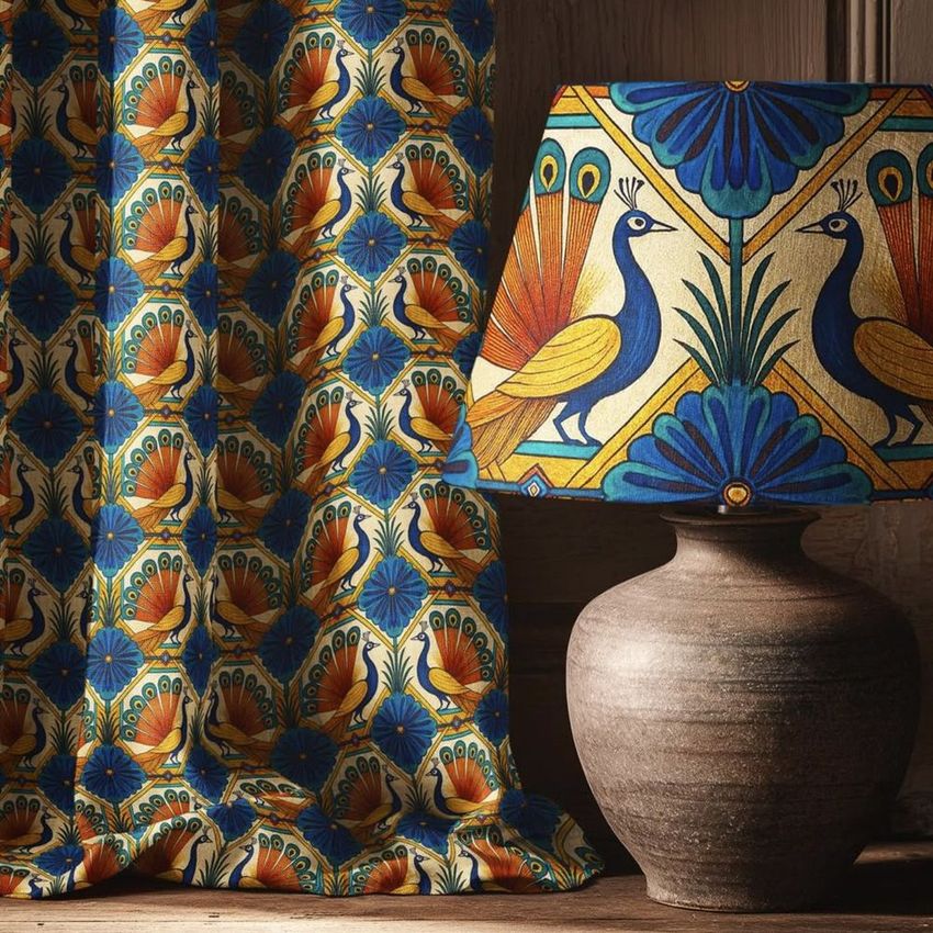 Curtain and table lamp mockup featuring a vibrant peacock and floral pattern in blue, gold, and orange on a rustic wooden surface.