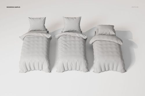 Three single bed bedding sets in light gray, shown from a top angle on a white background with pillows and duvets.
