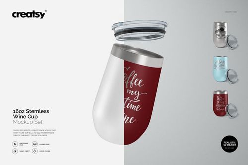 Front view of a 16 oz stemless wine cup mockup with a removable clear lid, featuring a red and white design split down the middle.