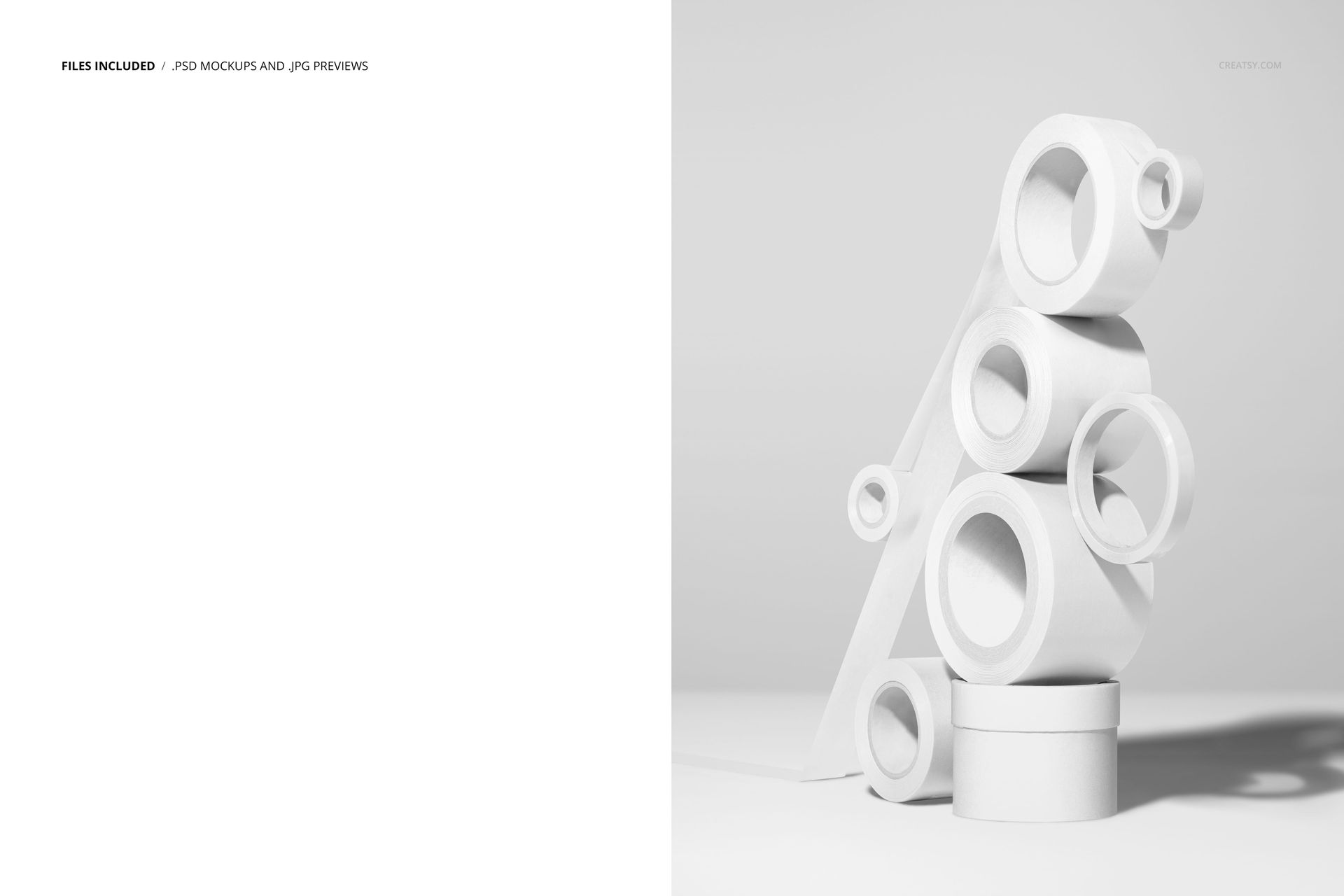 PSD mockup showing multiple cylindrical packaging tape rolls arranged in a creative vertical composition.