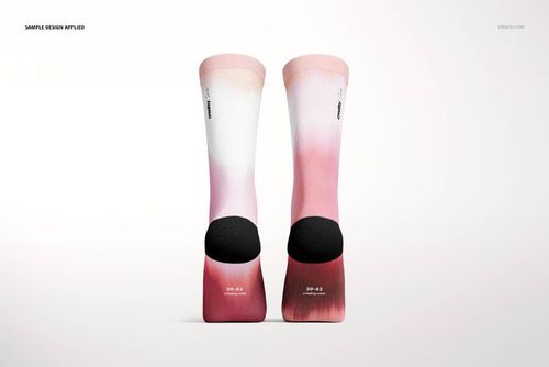 Long socks mockup displayed from a front view, featuring a gradient pink and white pattern with black heel accents.