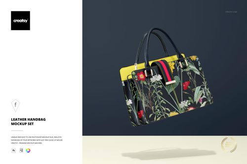Leather handbag mockup featuring a colorful botanical print, yellow top section, and black handles against a blue backdrop.