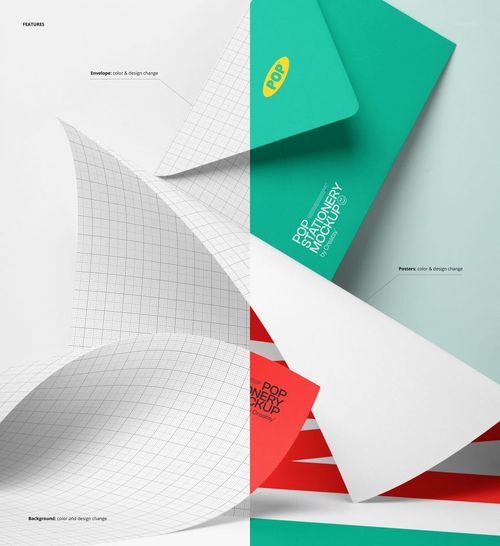 Stationery mockup featuring two posters and an envelope in vibrant colors, shown from a top view on a white surface.