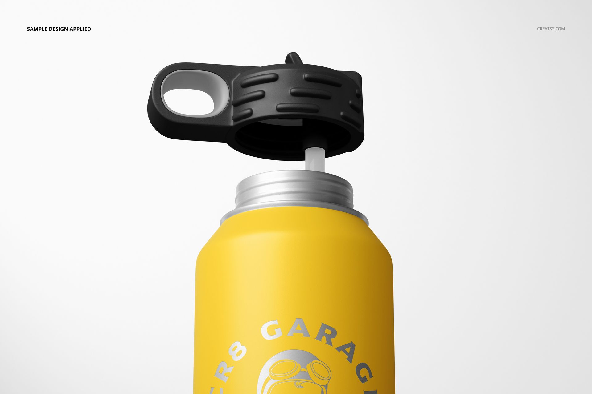 Close-up of a 32 oz. yellow water bottle mockup with a screw-on black lid and visible silver threading.