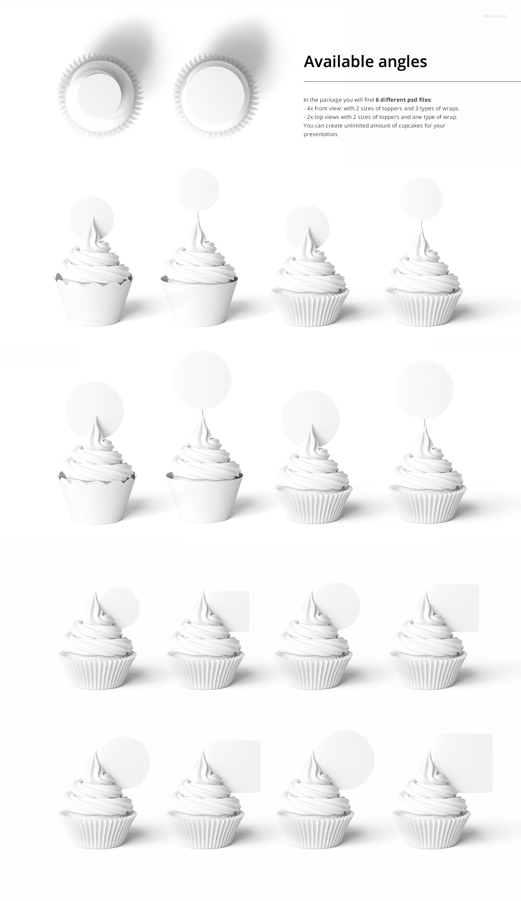 Cupcake toppers and wraps mockup set featuring white cupcakes with blank round toppers, shown from multiple angles.