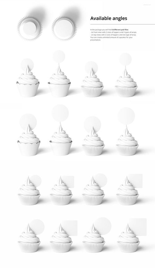 Cupcake toppers and wraps mockup set featuring white cupcakes with blank round toppers, shown from multiple angles.