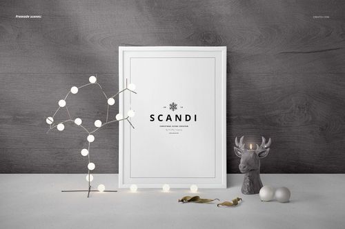 Framed poster mockup with SCANDI text, surrounded by a minimalist wire tree with lights, deer figurine, and Christmas ornaments on a gray wood background.