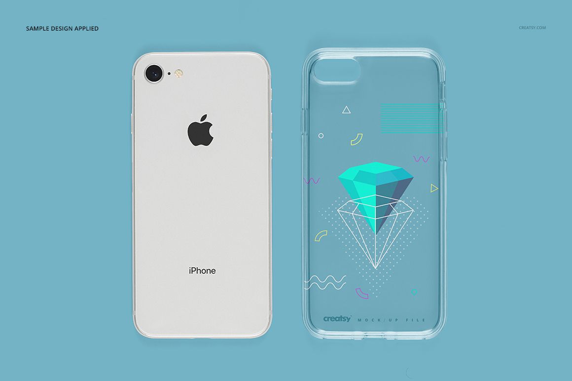 iPhone 8 and transparent case mockup displayed side by side, featuring abstract turquoise artwork on blue surface.