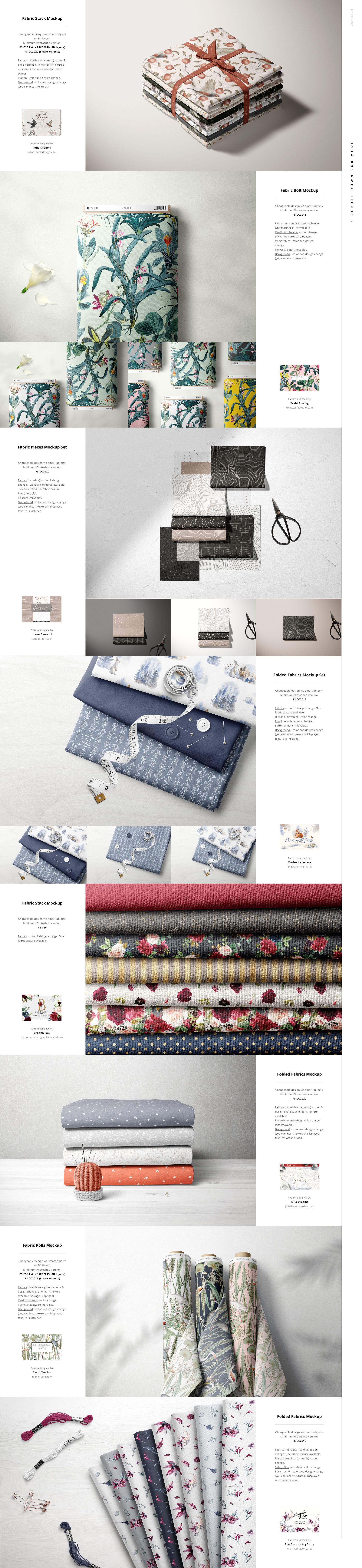 Assorted fabric mockups featuring swatches, bolts, and draped textiles in vibrant colors, arranged in a creative workspace.