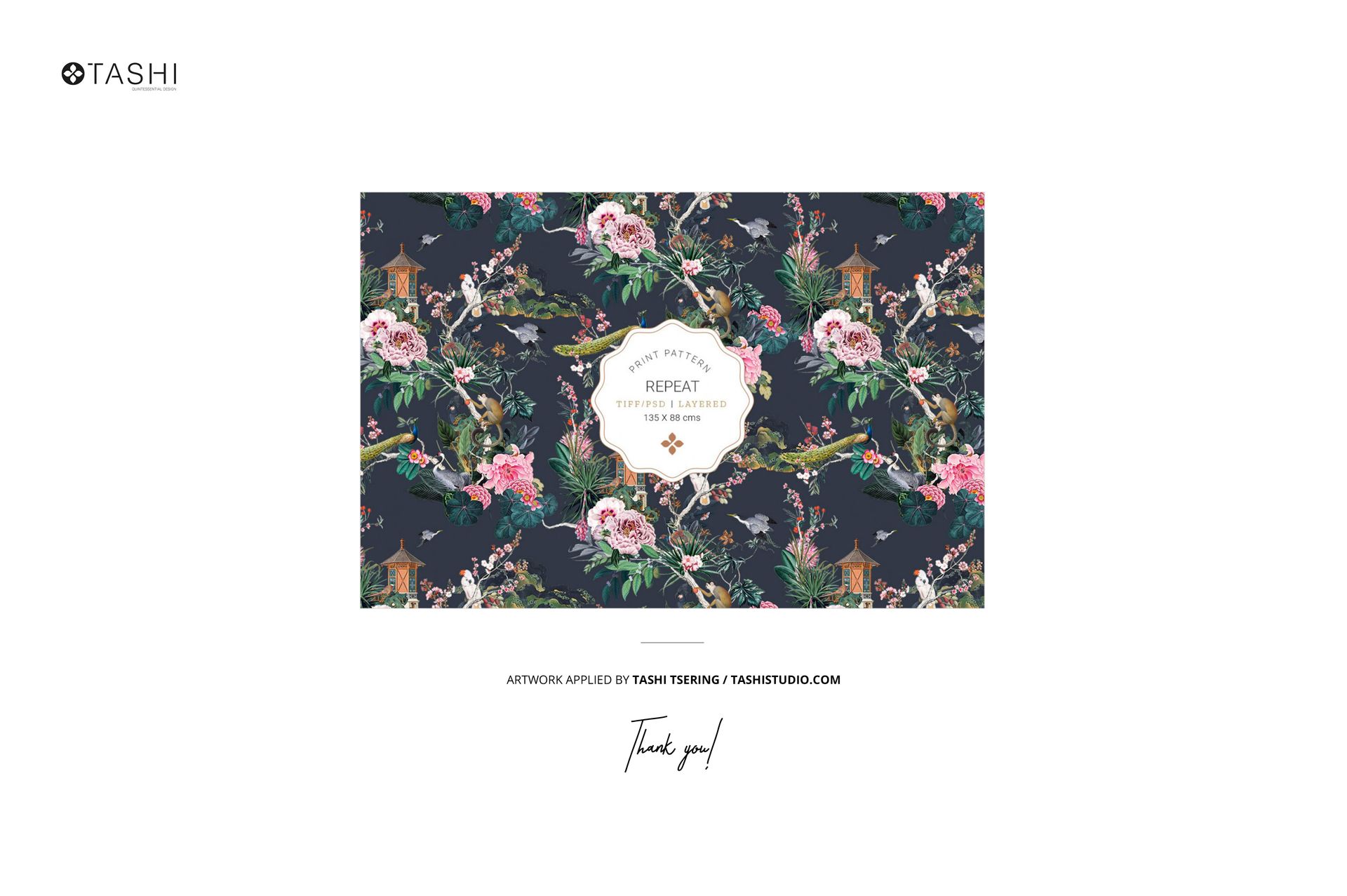 Rectangular furoshiki fabric wrap mockup featuring a dark floral pattern with pink flowers and green leaves, top view.