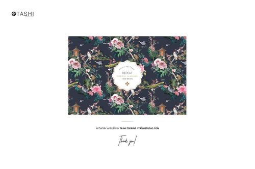 Rectangular furoshiki fabric wrap mockup featuring a dark floral pattern with pink flowers and green leaves, top view.